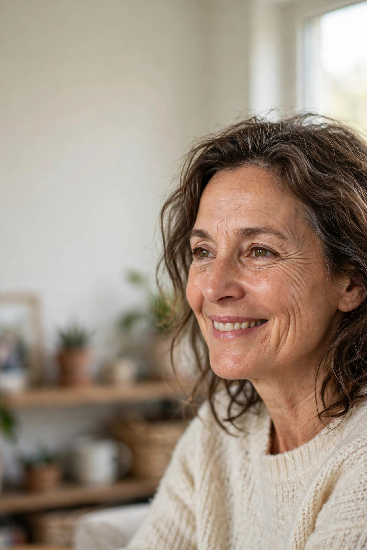 A woman in her early fifties smiling in her bright, cozy living room