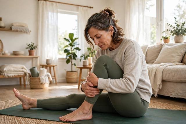 A woman gently stretching to ease menopause-related joint pain