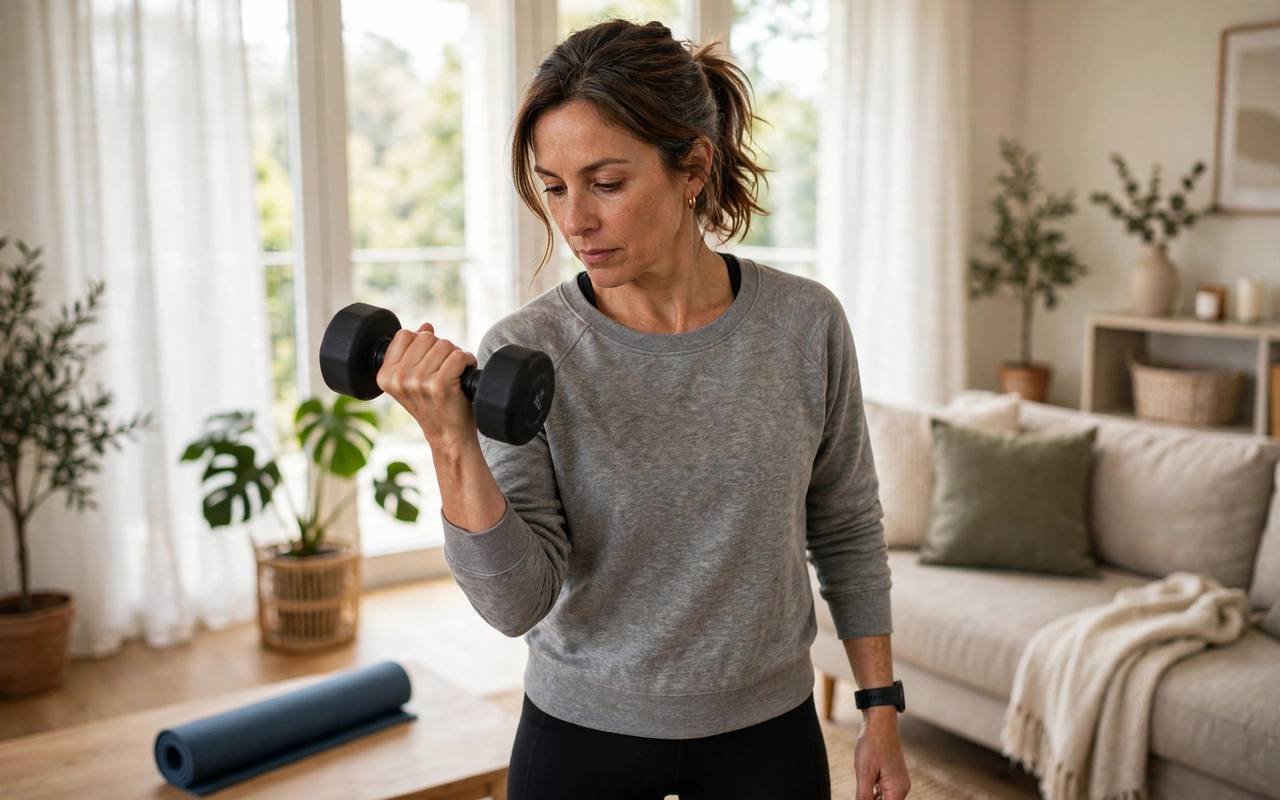 A woman over 40 doing strength exercises with light dumbbells