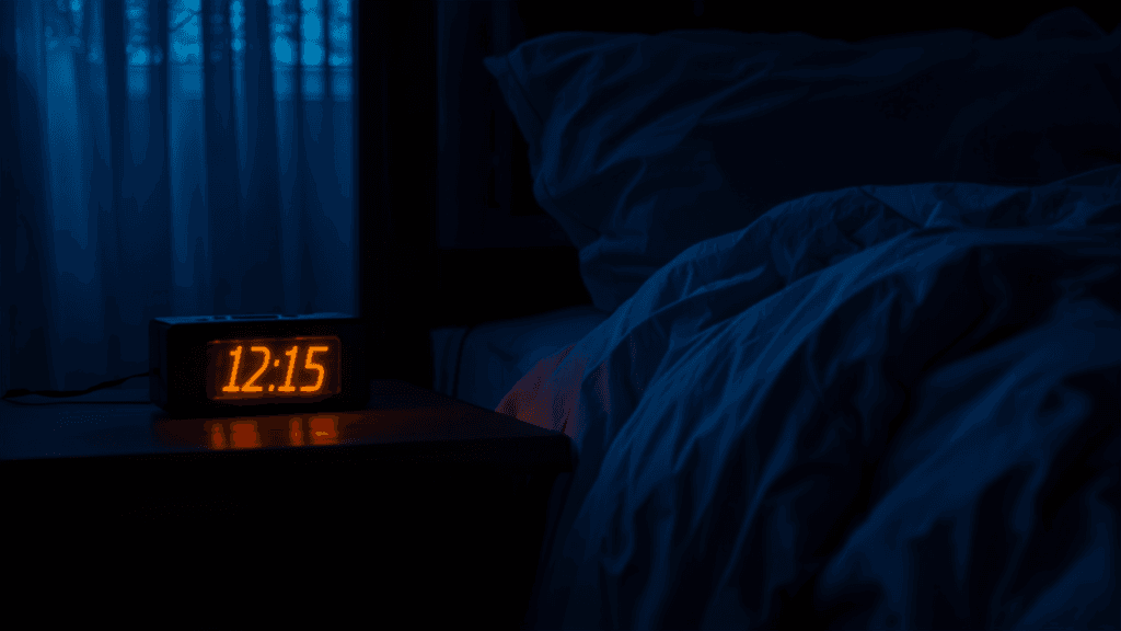 Dark bedroom nightstand at 2am symbolizing sleepless nights and insomnia