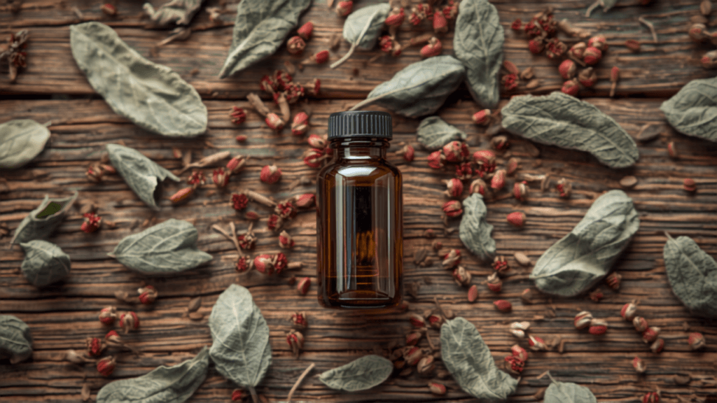 Dried sage leaves and red clover with menopause support supplement bottle