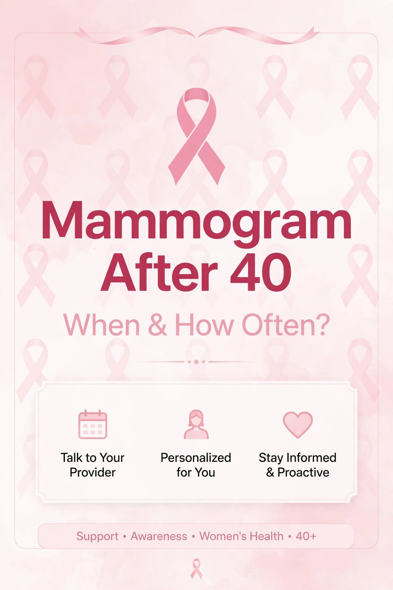 Pink ribbon infographic titled 'Mammogram After 40: When and How Often?' advising women to talk to their provider and stay informed and proactive