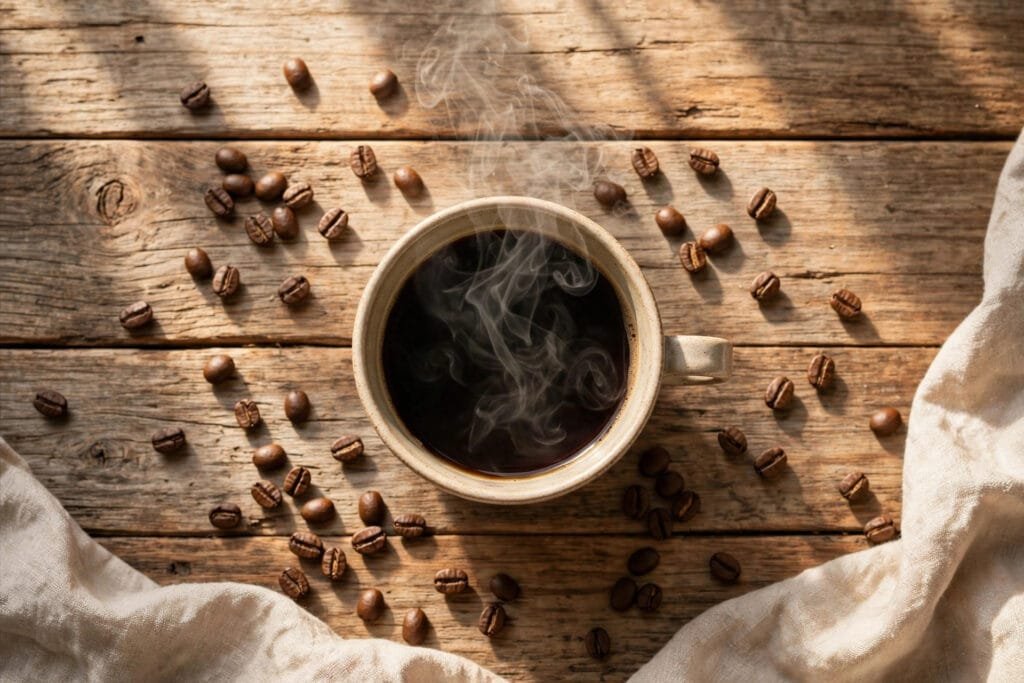 Cup of black coffee with coffee beans on a wooden table