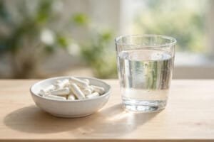 White supplement capsules in a ceramic bowl beside a glass of water