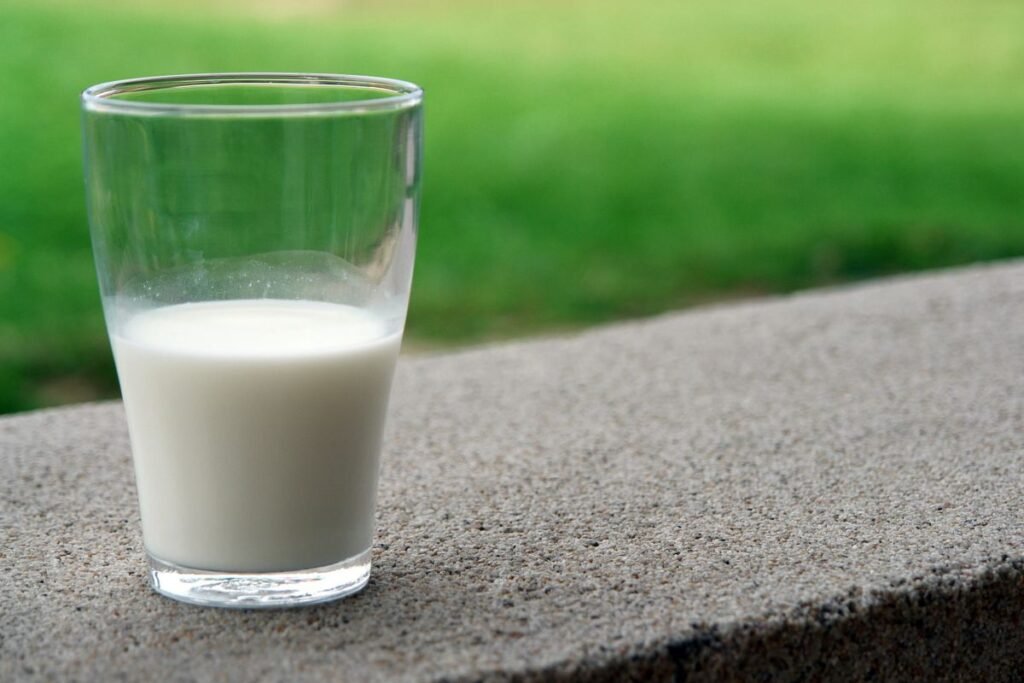 Glass of milk on a stone ledge outdoors, a calcium-rich food that supports bone health